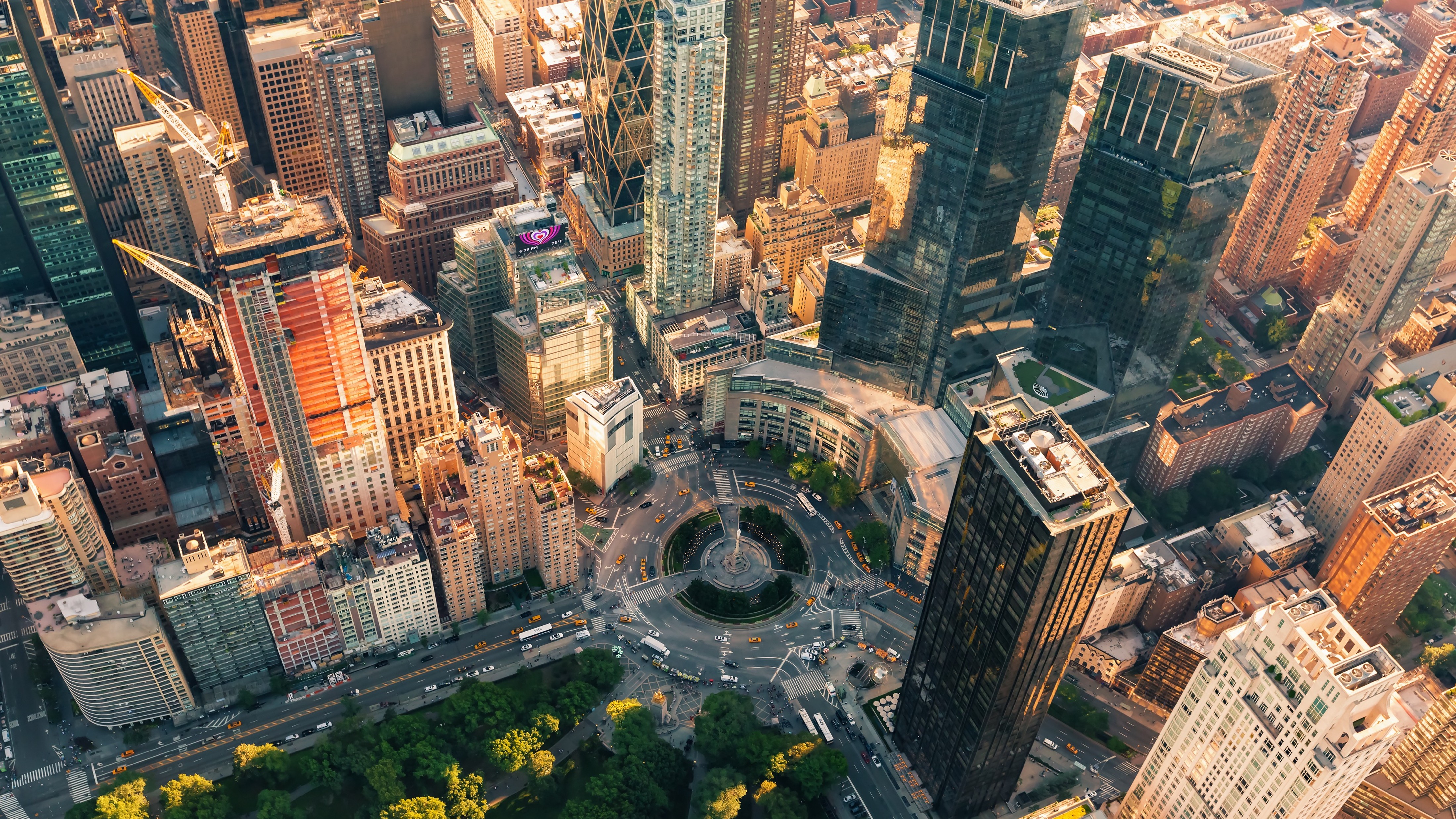 Aerial view of Columbus Circle in New York City at sunset